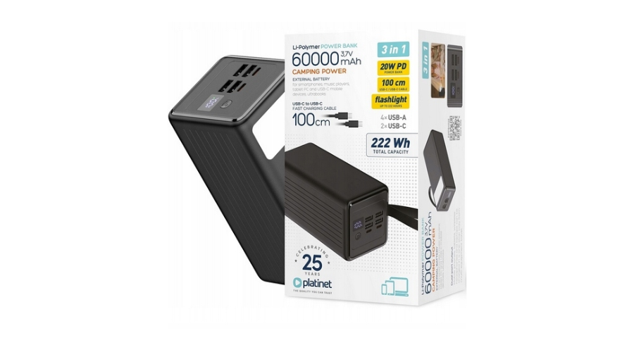 POWER BANK SZYBKI WYDAJNY AKUMULATOR 4x USB 2x USB-C 60000mAh PD QC 3.0 20W